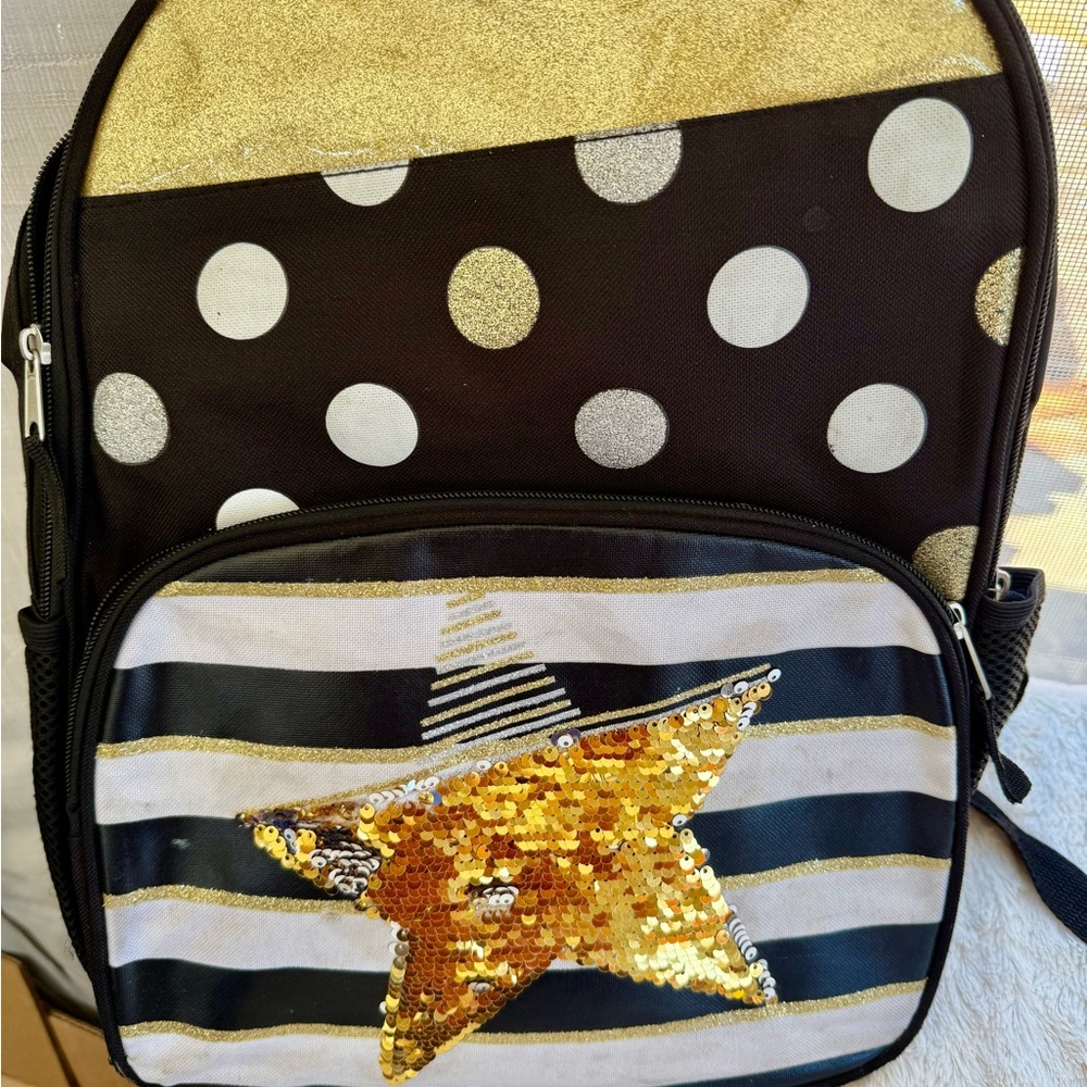 Gold and Black Polka Dot Backpack with Sequin Star